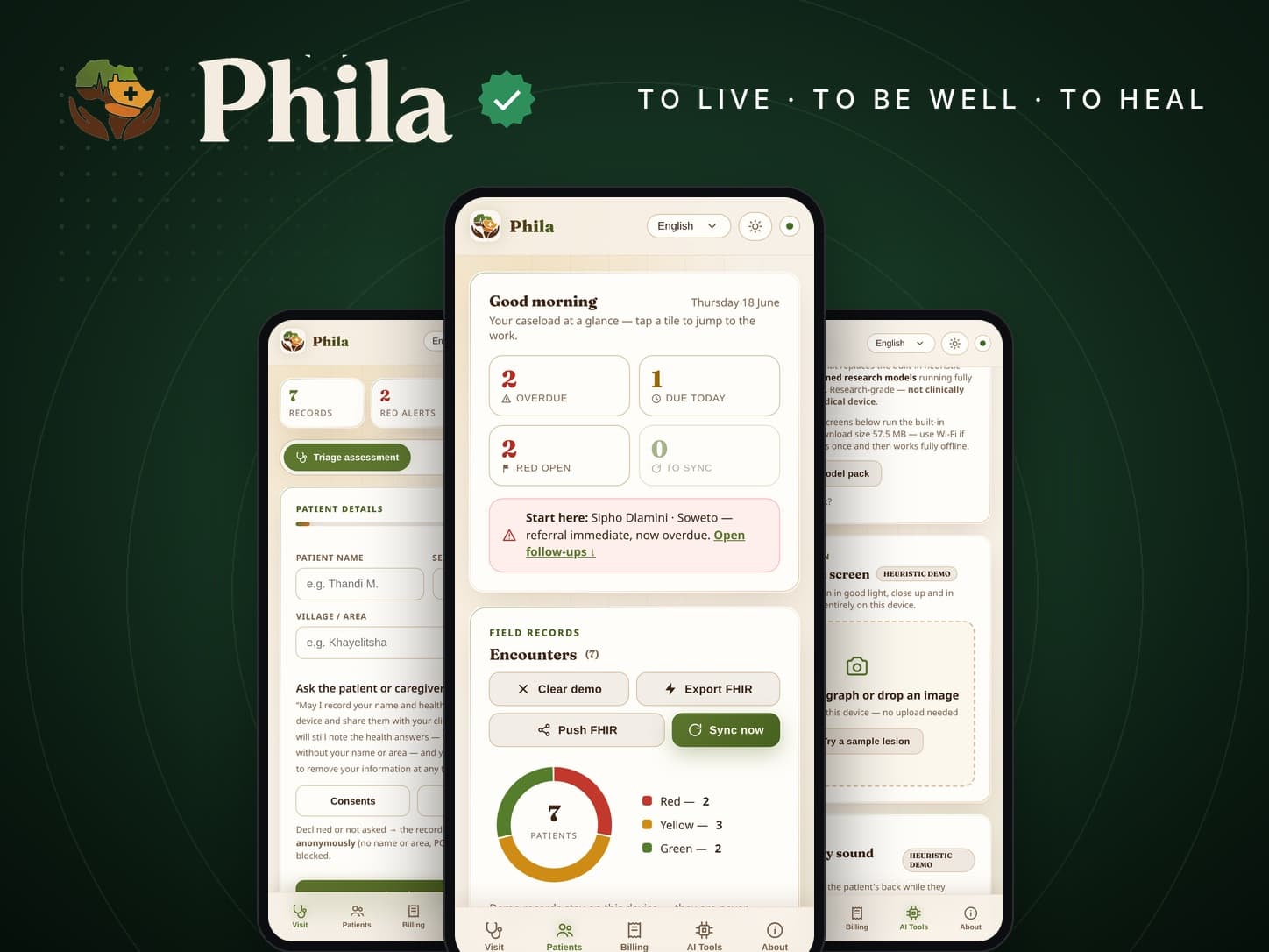 Phila on a phone — the symptom assessment with on-device screening, the caseload command centre, and a care plan