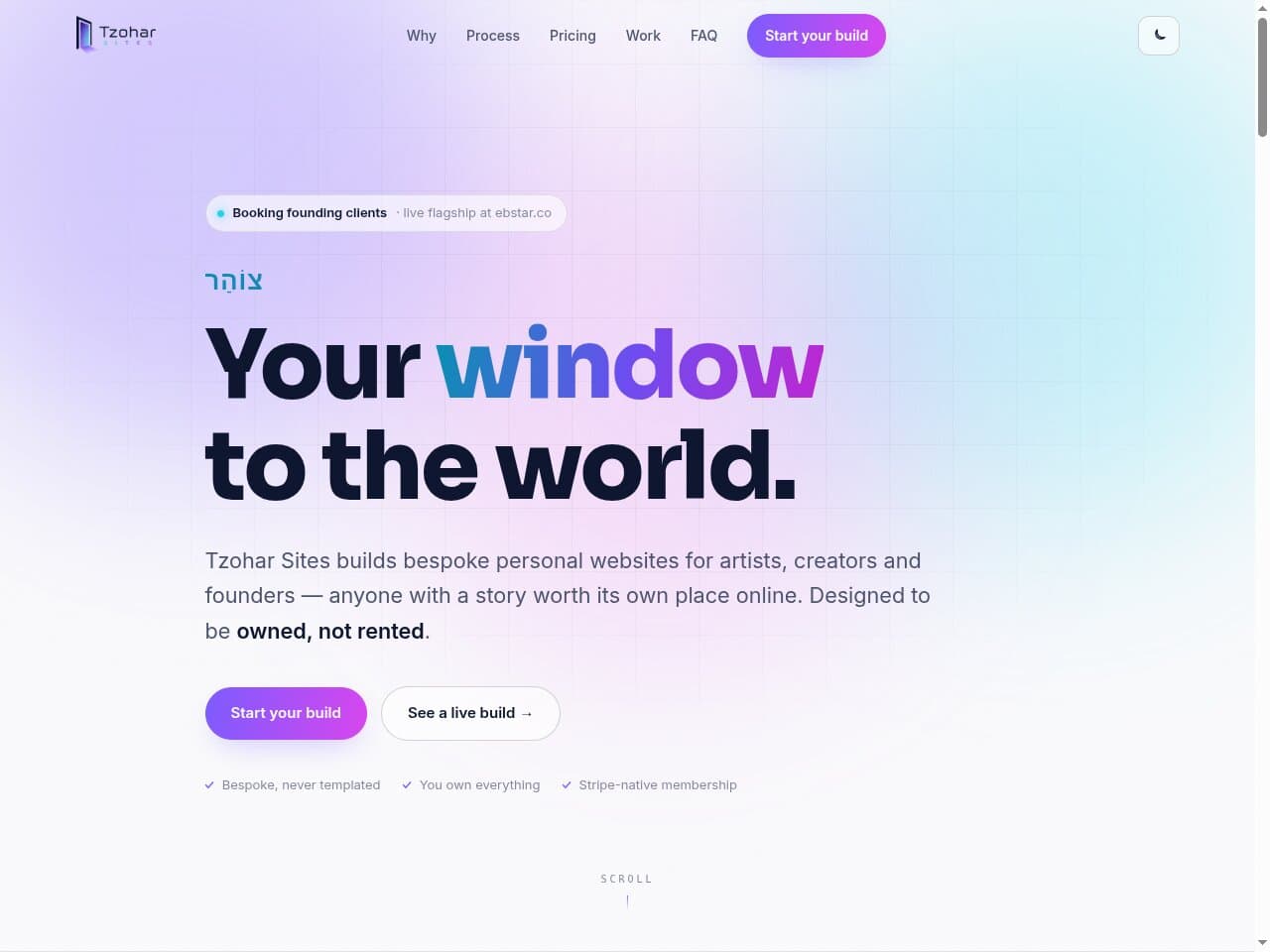 Tzohar Sites — your window to the world: bespoke personal websites for artists, creators and founders, built to be owned, not rented
