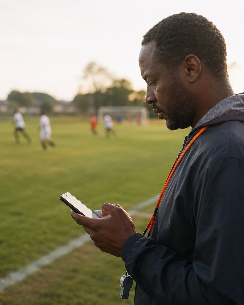 A referee on the touchline of a football pitch, whistle round his neck, recording the match from his phone