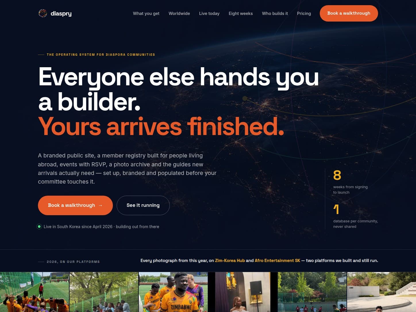 The Diaspry home page: everyone else hands you a builder, yours arrives finished.