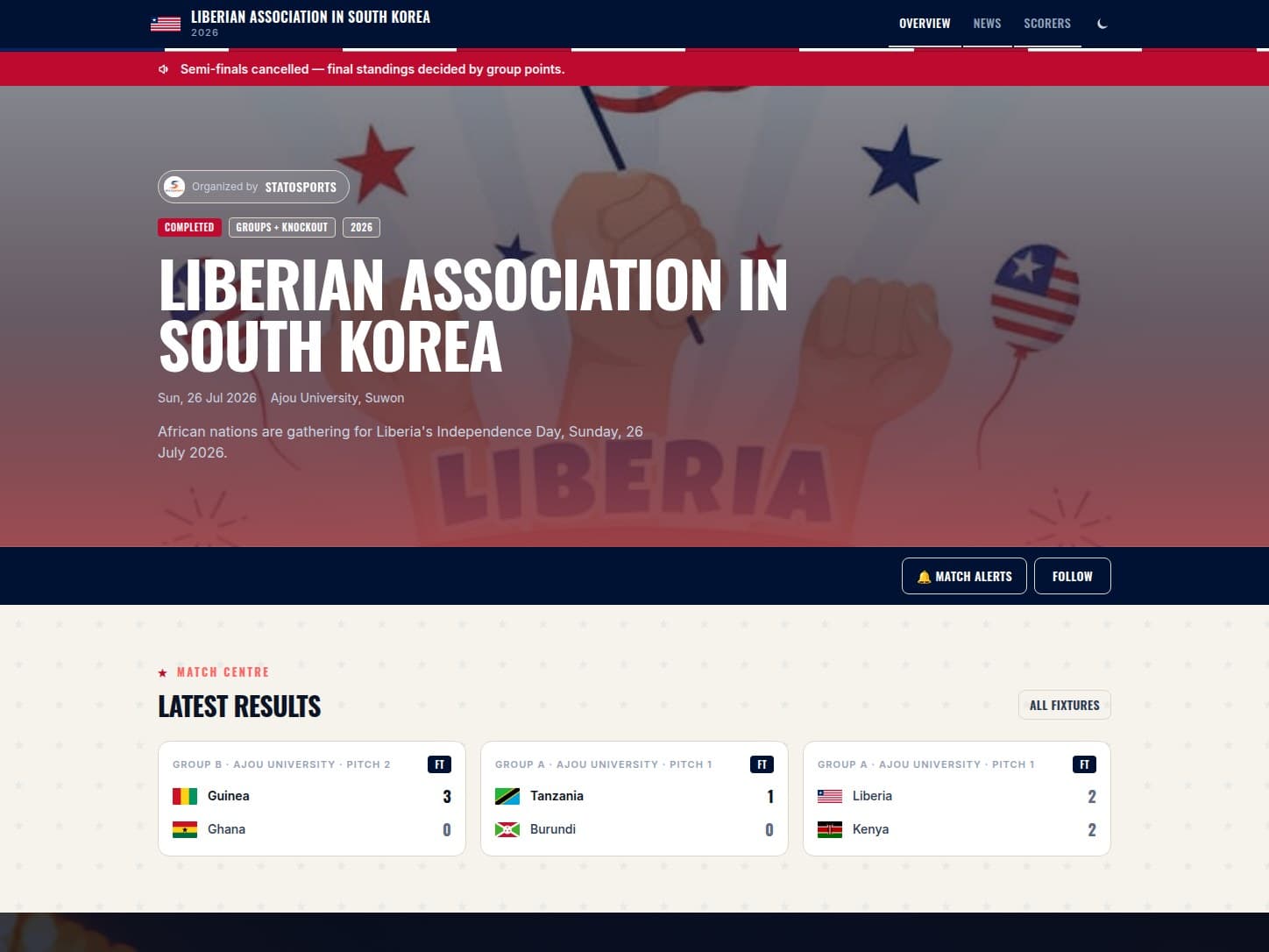 The Liberian Association in South Korea's tournament site: a Liberian red, white and blue hero over an Independence Day illustration, with the day's latest results below.