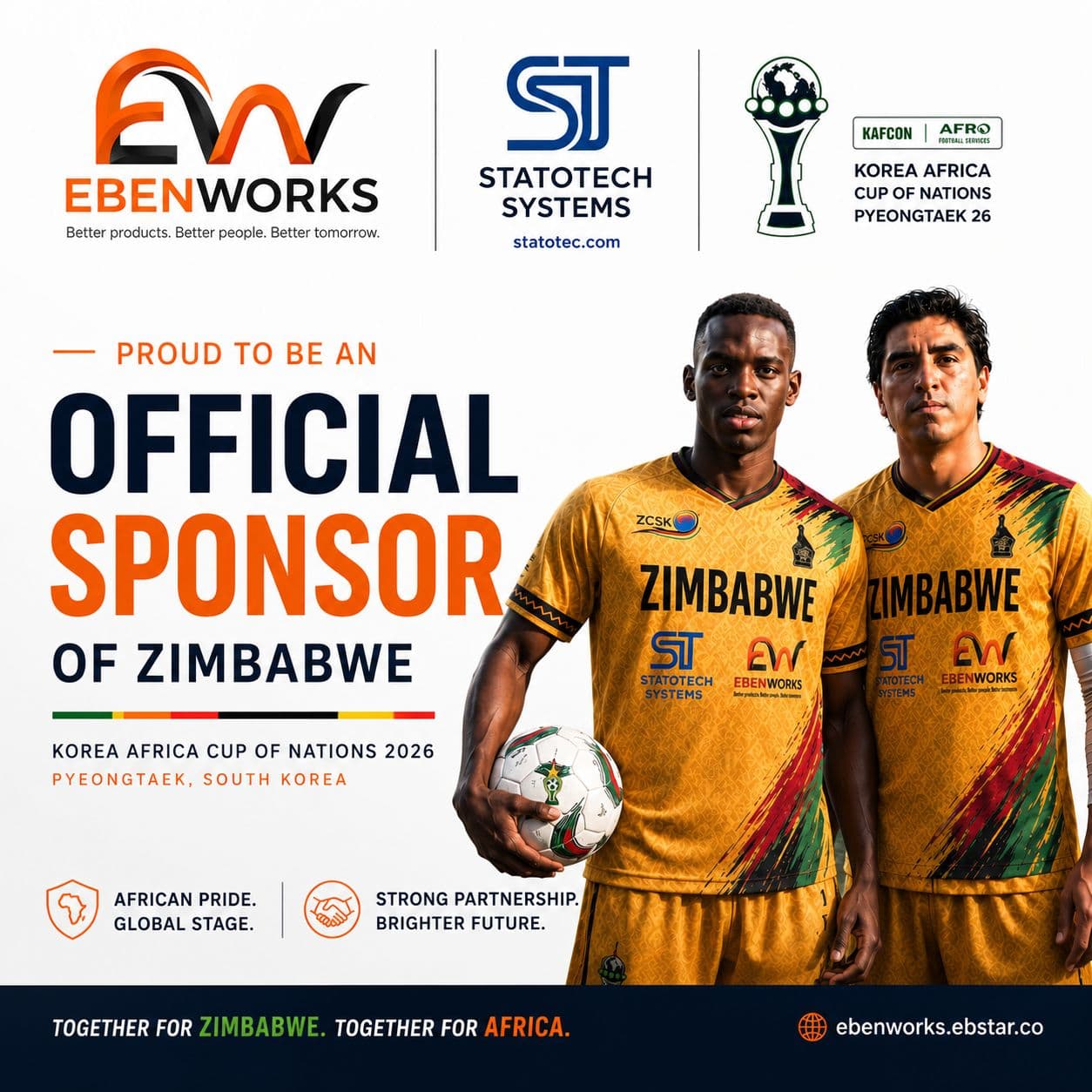 Ebenworks official sponsor poster — Zimbabwe Warriors in gold KAFCON 2026 colours