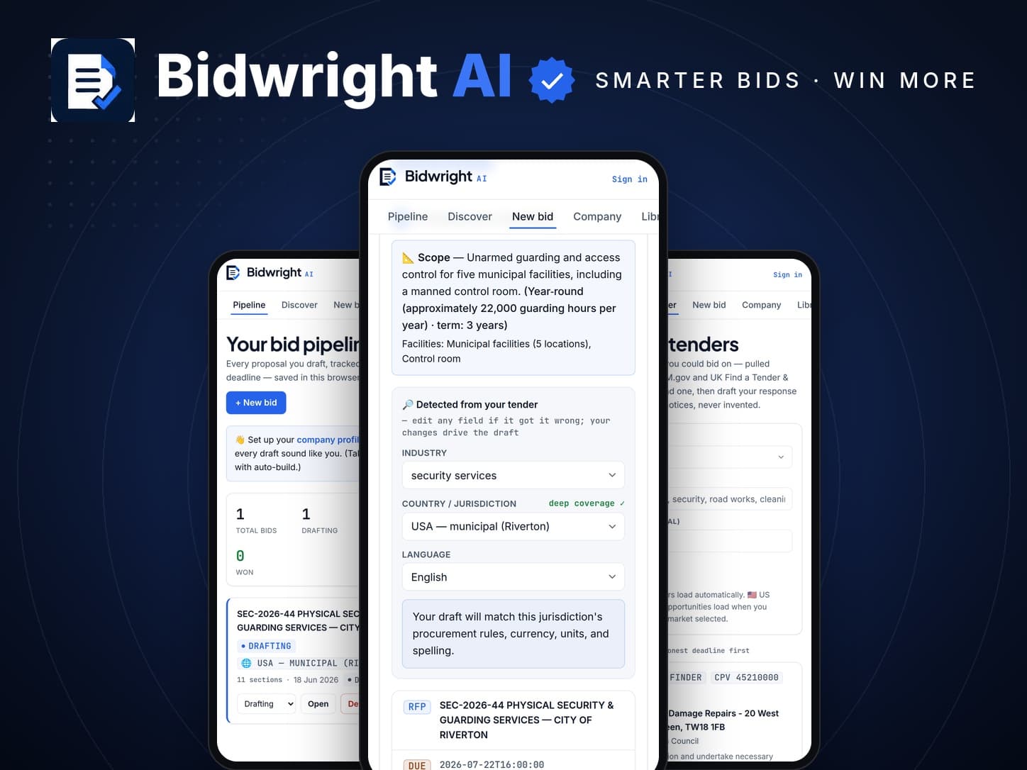 The Bidwright app: a pasted RFP turned into a compliance checklist and an editable draft proposal in the document's own language.