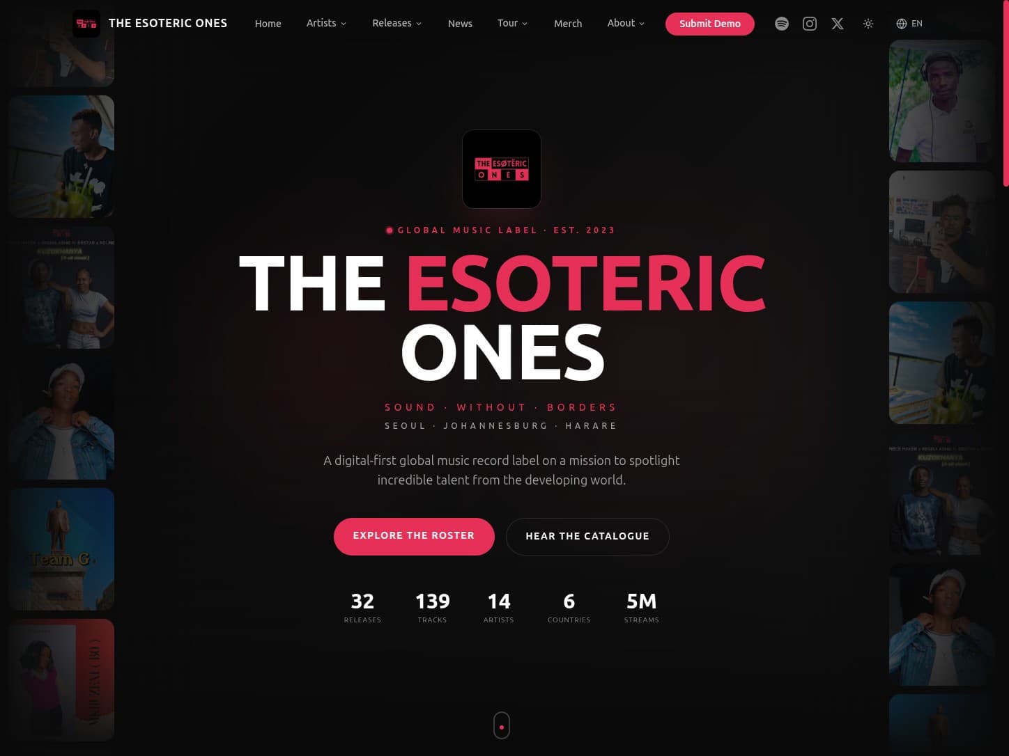 The ESØTËRIC Ones platform homepage: catalogue stats — 32 releases, 139 tracks, 14 artists, 6 countries — running on software we built.