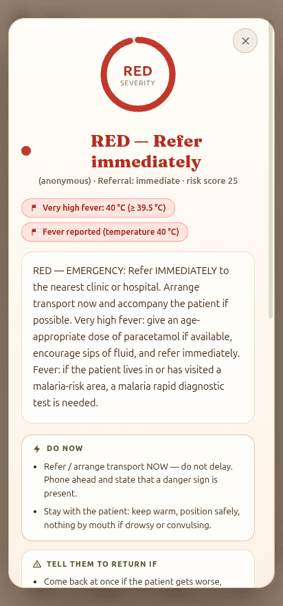 Phila: a triage result with risk level and referral guidance